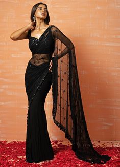 Sizzling Black Hand Embroidered Saree Set QAT By Agni - Fabilicious Fashion Saree Net, Saree Skirt, Black Sari, Manish Malhotra Saree, Reception Cocktail, Pure Chiffon Sarees, Net Blouse, Padded Blouse, Cutwork Embroidery