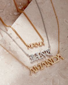 Our very first personalized jewelry piece is here- Meet the Luv Aj Fine Nameplate Necklace. Available in Sterling Silver or 14K Gold, this classic piece is perfect to customize for yourself or a gift for a friend. This necklace is available in two nameplate sizes (shop the Mini version here) and in two fonts and two chains to really make it your own xx Luv Aj, Nameplate Necklace, Gift For A Friend, Vintage Fonts, Puffy Heart, Jewelry Lookbook, Fine Jewels, Old English, Eternity Bands