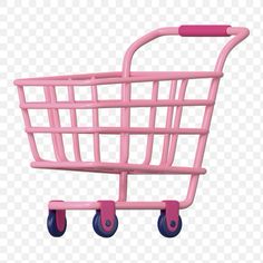 a pink shopping cart with blue wheels on a transparent background, hd png clipart