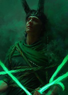 a painting of a woman with green lights on her face and hands, holding two swords