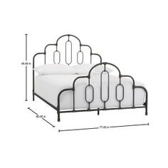 the bed frame is made up with white sheets and black metal headboard, along with measurements