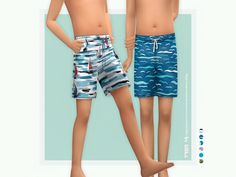 two boys wearing swim trunks and shorts are standing next to each other in front of a blue background