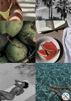 a collage of photos with watermelon, books and a woman in a bathing suit