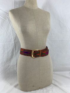 "You are looking at a vintage waxed leather belt with lively colors.  Belt measures 33\"5 long with 25\"7 from the first perforation and 30\"5 at its last perforation from gold tone buckle. The condition of this belt is good with great detail and is a great vintage find and is between a size 28 to size 30.   ----------------------------------------------------I SHIP WORLDWIDE------------------------------------------------- I want to stress that item is vintage which means it's not new. All my customers are very important to me and I believe communication is very important. I do not sell or encourage any one to sell fakes.  Not responsible for items lost, damage or packages that may be misdirected which are not insured. I do gladly combine shipping and items returned to me by the post offi Colorful Belt, Bell Gardens, Suspender Belt, Perfect Bag, Signature Logo, Suspenders, Vintage Gucci, Vintage Finds, Leather Belt