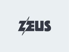 the word zeus is written in black and white with a lightning bolt on it