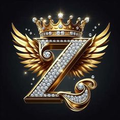 the letter z with gold wings and diamonds on it, surrounded by sparkles in the shape of a crown