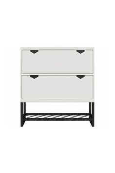 a white dresser with two drawers and black handles on the bottom, against a white background