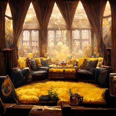 a living room filled with lots of furniture and yellow rugs on top of a floor