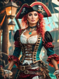 a woman dressed in pirate clothing posing for the camera