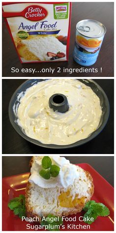 the ingredients for angel food cake are shown in three different pictures, including cream cheese and whipped cream