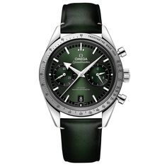 The Speedmaster is one of OMEGA's most iconic timepieces. Having been a part of all six lunar missions, the timepiece is an impressive representation of the brand's adventurous pioneering spirit. This 40.50 mm model, inspired by the legendary 1957 original, features a stainless steel case and a green dial with rhodium-plated hour markers and "Broad Arrow" hands - all featuring white Super-LumiNova. There is a date window at 6 o'clock, a small seconds subdial at 9 o'clock, and 12-hour and 60-minu Speedmaster 57, Omega Co Axial, Omega Constellation, Omega Speedmaster, Omega Seamaster, Patek Philippe, Steel Watch, Green Leather, Leather Band