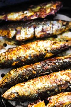 grilled sardines are being cooked on the grill