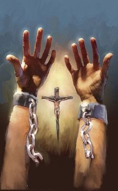 two hands are chained to a cross with chains