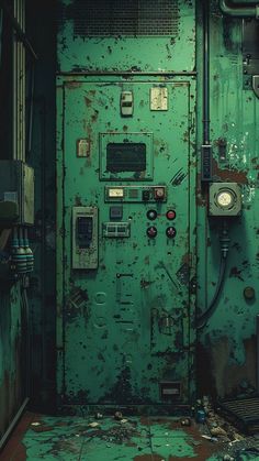 an old green door is open and there are buttons on it