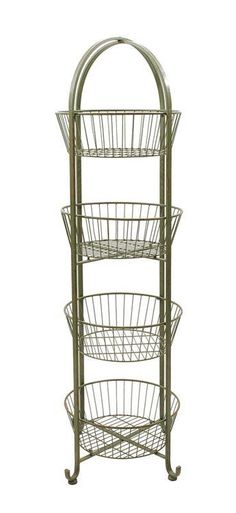 three tiered metal basket stand on wheels