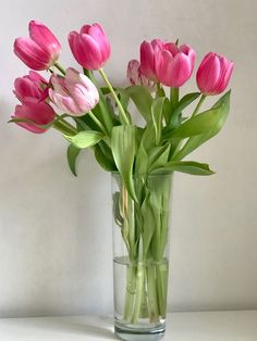 pink tulips are in a clear vase on a white countertop with water