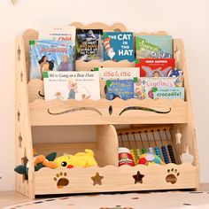 children's bookshelf with wooden shelves filled with books