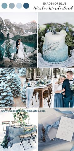 a collage of photos with blue and white wedding colors in the mountains, trees, and snow