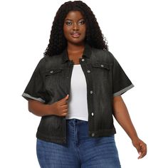 A female plus-size brand inspired by the needs of its customers. The clothing can match you to various occasions, with the proper tailoring to show your perfect curve and the comfortable fabrics enable you a pleasant experience. The Washed Navy Blue Denim Jacket will be the talk of the town with its trendsetting style! Perfect for your casual-cool game, the faded jean jacket is designed in an easy-cropped length. Lightweight denim shapes this chic jean jacket with a collared neckline, buttoning Navy Blue Denim Jacket, Short Sleeve Jean Jacket, Jean Jacket Design, Fitted Denim Jacket, Jackets Black, Plus Size Denim, Plus Size Fall, Plus Size Brands, Stylish Jeans