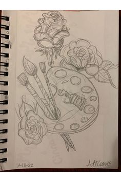 a pencil drawing of flowers and paintbrushes on a paper with the word art written in it