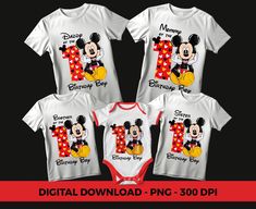 three mickey mouse onesuits with the number one on them, all in white and red