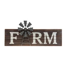 a wooden sign that says farm with a windmill