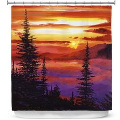 a painting of trees and clouds at sunset shower curtain set size 70 h x 69 w