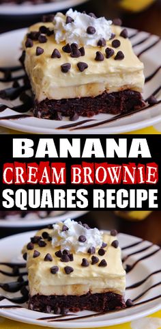 banana cream brownie squares recipe with chocolate chips on top