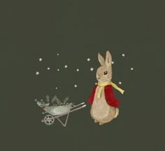 a painting of a rabbit pulling a wheelbarrow filled with holly and pine cones