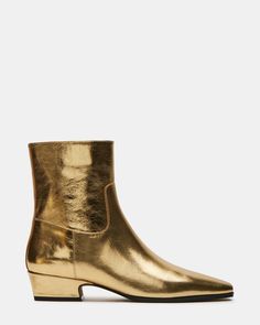 DUSTY Gold Leather Ankle Bootie | Women's Booties Luxury Leather High Ankle Booties, Chelsea Boots Men Outfit, Boots Men Outfit, Gold Boots, Women's Booties, Wishlist 2024, Low Heel Boots, Future Wardrobe, Chelsea Boots Men