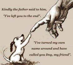 a drawing of a dog reaching for a person's hand with the caption,