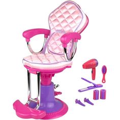 a pink and purple hair salon chair with accessories