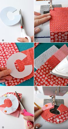 four pictures showing how to make a heart shaped paper piece with scissors and sewing machine