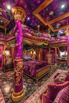 a fancy bedroom with purple and gold decor