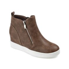 Journee Collection-Pennelope High-Top Wedge Sneaker Add a flattering lift to your sporty-chic look with the Pennelope high-top sneaker from Journee Collection. Perforated texture, functional dual zippers and a platform sole with hidden wedge inside complete this sneaker in style. High Top Wedge Sneakers, Pattern Shoes, Brown Wedges, Brown Sneakers, Athleisure Fashion, Wedge Sneakers, Sneaker Wedge, Journee Collection, Wedge Sneaker