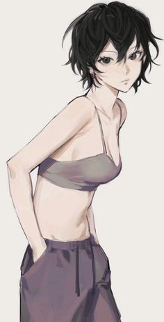 a drawing of a woman with short hair wearing a bra top and shorts, standing in front of a white background