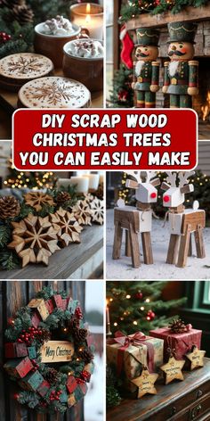 christmas tree decorations are shown with the words diy scrap wood christmas trees you can easily make