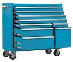 a blue tool chest with drawers on wheels