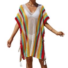 White-Womens-Crochet-Beach-Bikini-Cover-Up-Colorful-Strip-Tassels-V-Neck-Drop-Shoulde-Loose-Waisted-Mini-Length-Front Crochet Beach Wear, Crochet Market, Crochet Cover, Crochet Cover Up, Women Swimsuit, Beach Swimming, Crochet Clothing, Swimwear Beach, Swimwear Women