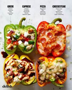 four bell peppers with different toppings on them, labeled in italian and greek words