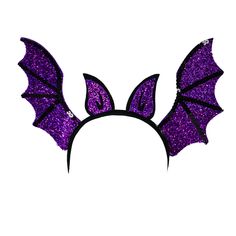 a purple bat headband with black wings and glitter on the ears is shown in front of a white background