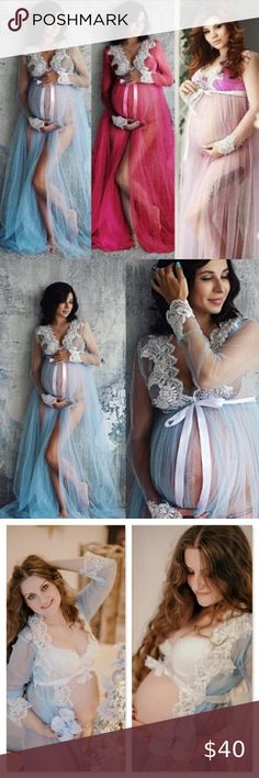 Maternity Photoshoot Lace on Mesh Gown Robe Perfect gown for maternity boudoir photoshoot White lace on mesh Colors: Light Blue, Light Pink, or Cherry Pink Long sleeves V-neck Elastic underbust / waist Very long One size, very roomy Stretchy White satin tie belt 60"  Tags motherhood pregnant expecting sexy romantic lingerie model photo Rouge! Intimates & Sleepwear Sheer Blue Sleep Dresses, Blue Sheer Sleep Dresses, Light Blue Dress For Wedding Night, Blue Long Sleeve Maternity Dress For Wedding, Blue Maternity Dress For Spring Wedding, Spring Blue Maternity Dress For Wedding, Spring Wedding Maternity Dress In Blue, Spring Wedding Blue Maternity Dress, Pink Maternity Photoshoot