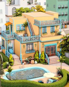 this is an image of a house with a pool in the front yard and landscaping around it