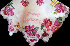 New old stock vintage hankie featuring a birthday greeting with pink orchids. Made of cotton and measuring 13 inches square, with scalloped edges all around. Original label still in tact. Retro Pink Handkerchiefs As Gift, Happy Birthday Pink, Ladies Handkerchiefs, Vintage Hankies, Vintage Handkerchief, Pink Orchids, Vintage Handkerchiefs, Birthday Greeting, Scalloped Edges