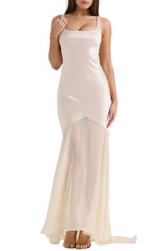 HOUSE OF CB Vittoria Paneled Satin & Chiffon Gown | Nordstrom House Of Cb Wedding Dress Delphine, Green Beige Wedding, Waterfront Wedding Ideas, Phd Party, Montauk Wedding, Engagement Dress Ideas, Reception Looks, Rome Wedding, Bush Wedding