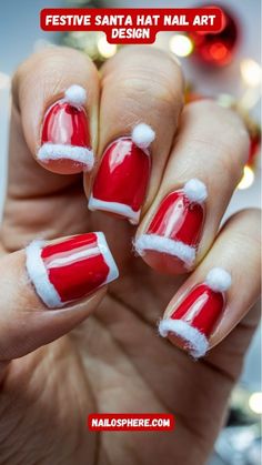 Christmas Nails Art, Santa Hat Nails, Snowman Nails, Festive Manicure, Green Polish, Red Polish, Plaid Nails, Candy Cane Stripes, Festival Nails