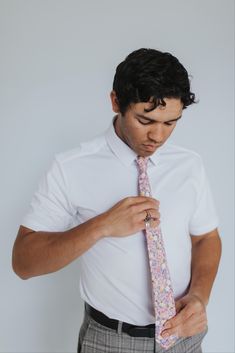 Okay but how fun are these colors? Formal Spring Floral Print Ties, Spring Floral Print Tie, Floral Tie And Pocket Square, Floral Print Standard Tie For Groom, Elegant Pink Floral Print Tie