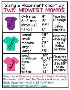 a table with different types of t - shirts and measurements for each child's size