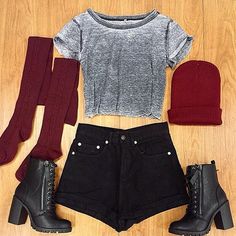 Fall Socks, Heeled Combat Boots, Black Lace Up Heels, Cropped Tshirt, Black High Waisted Shorts, Boating Outfit, Suede Fashion