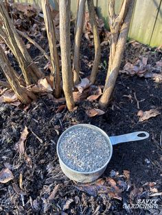 an old metal measuring cup sitting on the ground in front of some trees and dirt